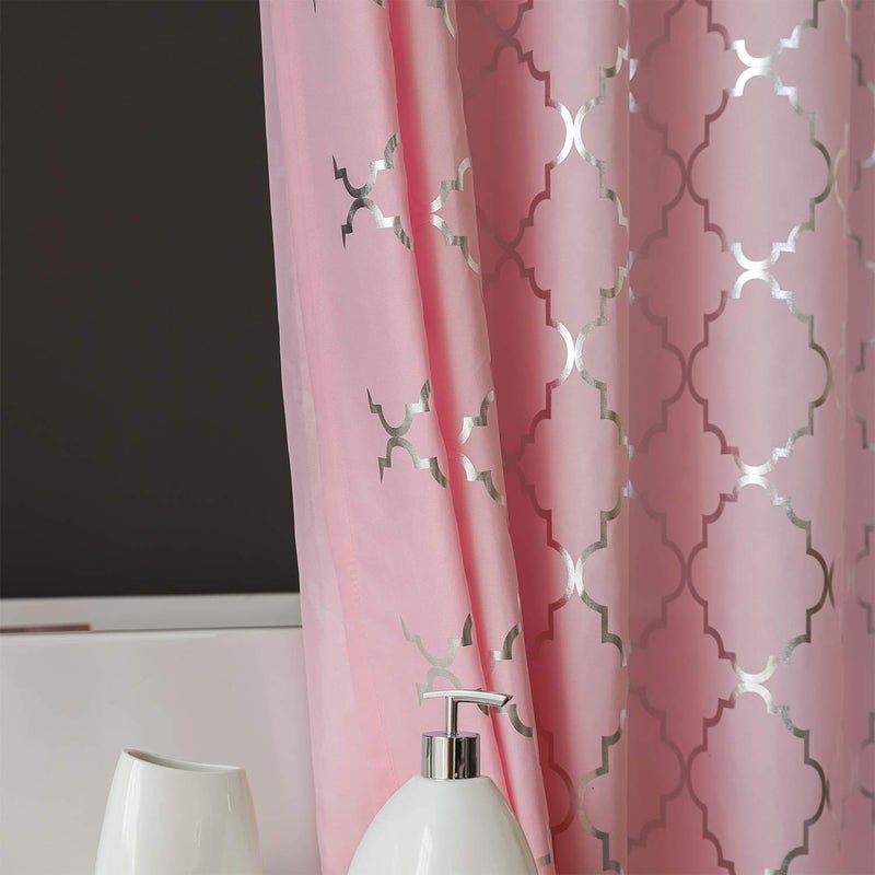 FINECITY Pink Shower Curtain 72 Inch Length - Metallic Silver Foil Geometric Moroccan Tile Printed on Soft Sanded Fabric, Grommet Shower Curtain Set with 12 Hooks, 72 x 72 Inch, Pink and Silver - Image 4